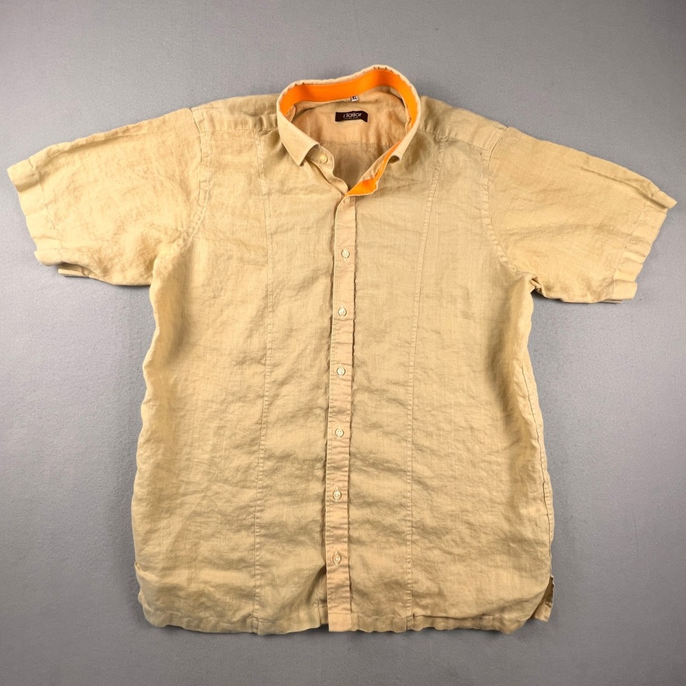 iTailor Button Down Shirt Mens XL Tan Orange Contrast Cotton Linen Beach Summer